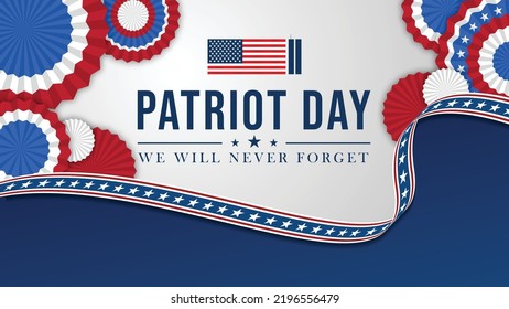 Vector banner design template with american flag and text on dark blue background for Patriot Day. vector poster. Patriot Day, September 11, We will never forget