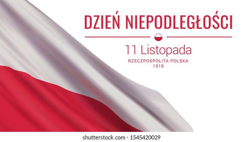 Plantilla de diseño de pancarta vectorial con bandera de Polonia y texto sobre fondo blanco. Traducción: Día de la Independencia. 11 de noviembre. República de Polonia, 1918.