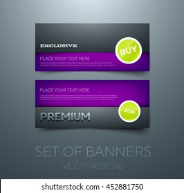 Vector banner design template. Glossy 3d typography. Layered look. Glossy round stickers. "Exclusive" and "Premium"