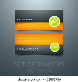 Vector banner design template. Glossy 3d typography. Layered look. Glossy round stickers. "Exclusive" and "Premium"