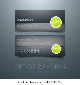 Vector banner design template. Glossy 3d typography. Layered look. Glossy round stickers. "Exclusive" and "Premium"