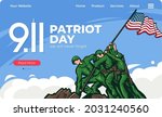 Vector banner design template with Iwo Jima Memorial in Washington, DC and American flag and text for Patriots Day. National Day of Prayer and Remembrance for Victims of Terrorist Attacks on 09.11.200