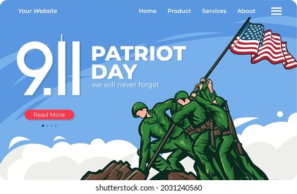 Vectorbanner Design-Vorlage mit Iwo Jima Memorial in Washington, DC und US-Flagge und Text für Patriots Day. Nationalfeiertag des Gebet und Gedenkens an die Opfer terroristischer Angriffe am 09.11.2000