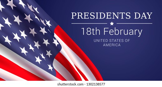 Vector banner design template for Presidents Day with realistic American flag and text on dark blue background.