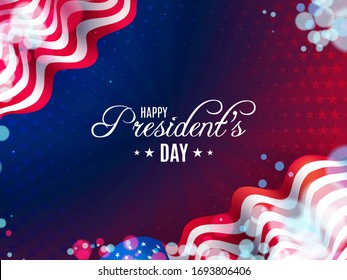 Plantilla de diseño de pancarta vectorial para el Día de los Presidentes con una bandera estadounidense realista y texto sobre fondo azul oscuro.