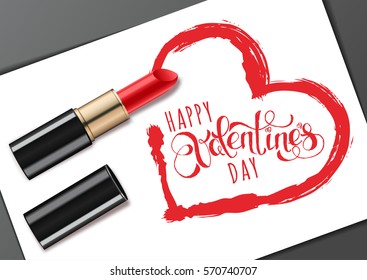Vector banner design template with red lipstick and lipstick smears heart frame, isolated on white background. Happy Valentines day greeting card with hand drawn calligraphy lettering.