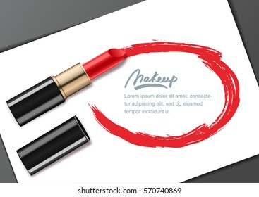 Vector banner design template with red lipstick and lipstick smears frame, isolated on white. Beauty and makeup background. Makeup, beauty industry and cosmetics concept.