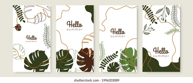 Vector banner design templates in simple modern style with copy space for text, flowers and leaves. Wedding invitation backgrounds and frames, social media stories wallpapers