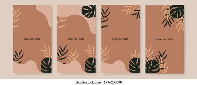 Vector banner design templates in simple modern style with copy space for text, flowers and leaves. Wedding invitation backgrounds and frames, social media stories wallpapers