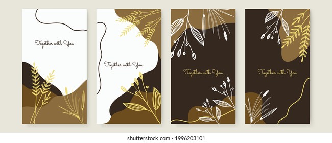 Vector banner design templates in simple modern style with copy space for text, flowers and leaves. Wedding invitation backgrounds and frames, social media stories wallpapers