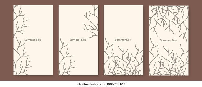 Vector banner design templates in simple modern style with copy space for text, flowers and leaves. Wedding invitation backgrounds and frames, social media stories wallpapers
