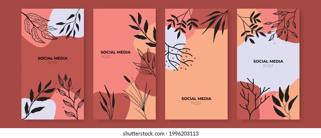 Vector banner design templates in simple modern style with copy space for text, flowers and leaves. Colorful greeting card, wedding invitation backgrounds and frames, social media stories wallpapers