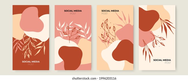 Vector banner design templates in simple modern style with copy space for text, flowers and leaves. Colorful greeting card, wedding invitation backgrounds and frames, social media stories wallpapers