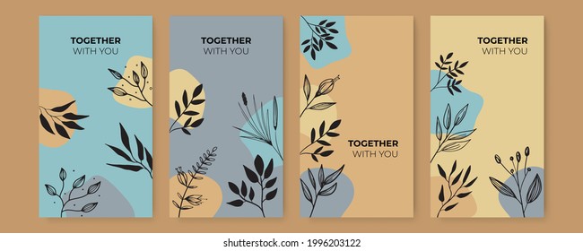 Plantillas de diseño de pancartas vectoriales de estilo moderno sencillo con espacio para textos, flores y hojas. Tarjeta de saludo colorida, fondos y marcos de invitación a la boda, fondos de pantalla de historias de medios sociales