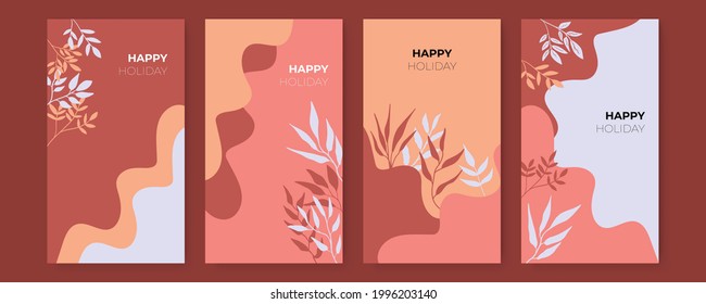 Vector banner design templates in simple modern style with copy space for text, flowers and leaves. Colorful greeting card, wedding invitation backgrounds and frames, social media stories wallpapers