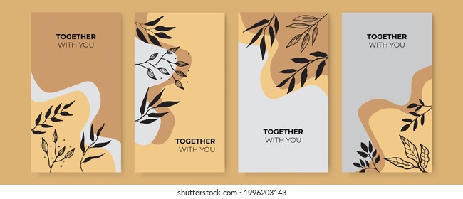 Vector banner design templates in simple modern style with copy space for text, flowers and leaves. Colorful greeting card, wedding invitation backgrounds and frames, social media stories wallpapers