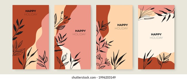 Vector banner design templates in simple modern style with copy space for text, flowers and leaves. Colorful greeting card, wedding invitation backgrounds and frames, social media stories wallpapers