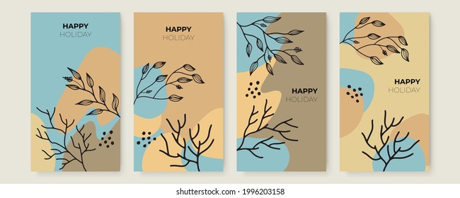 Vector banner design templates in simple modern style with copy space for text, flowers and leaves. Colorful greeting card, wedding invitation backgrounds and frames, social media stories wallpapers