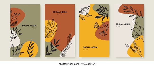 Vector banner design templates in simple modern style with copy space for text, flowers and leaves. Colorful greeting card, wedding invitation backgrounds and frames, social media stories wallpapers