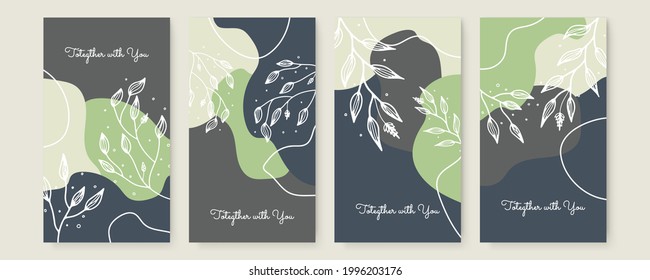 Plantillas de diseño de pancartas vectoriales de estilo moderno sencillo con espacio para textos, flores y hojas. Fondos y marcos de invitación de boda, fondos de pantalla de historias de medios sociales