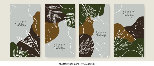 Plantillas de diseño de pancartas vectoriales de estilo moderno sencillo con espacio para textos, flores y hojas. Fondos y marcos de invitación de boda, fondos de pantalla de historias de medios sociales