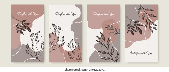 Vector banner design templates in simple modern style with copy space for text, flowers and leaves. Wedding invitation backgrounds and frames, social media stories wallpapers