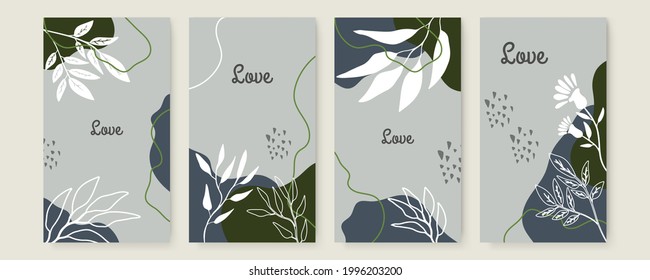Vector banner design templates in simple modern style with copy space for text, flowers and leaves. Wedding invitation backgrounds and frames, social media stories wallpapers