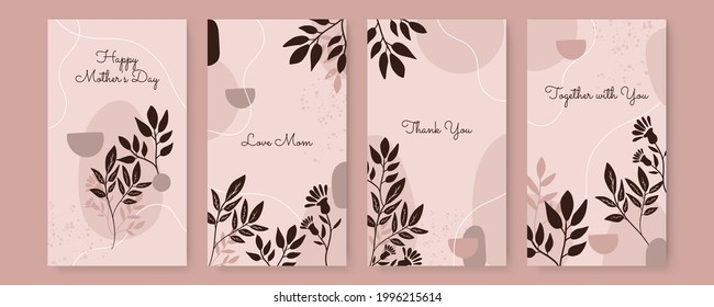 Vector banner design templates in simple modern style with copy space for text, flowers and leaves. Wedding invitation backgrounds and frames, social media stories wallpapers with earth tone color