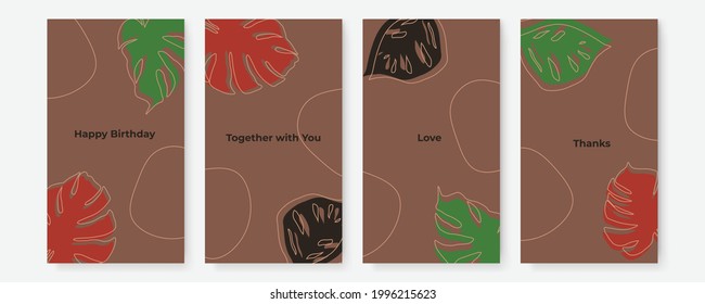 Vector banner design templates in simple modern style with copy space for text, flowers and leaves. Wedding invitation backgrounds and frames, social media stories wallpapers with earth tone color