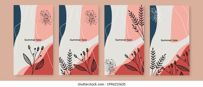 Vector banner design templates in simple modern style with copy space for text, flowers and leaves. Wedding invitation backgrounds and frames, social media stories wallpapers