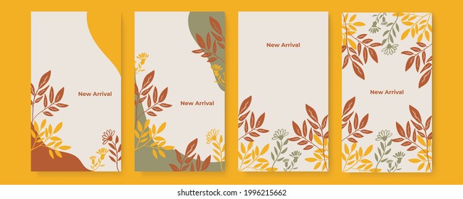 Vector banner design templates in simple modern style with copy space for text, flowers and leaves. Wedding invitation backgrounds and frames, social media stories wallpapers