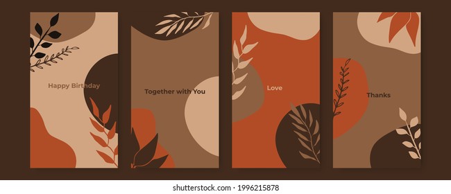 Vector banner design templates in simple modern style with copy space for text, flowers and leaves. Wedding invitation backgrounds and frames, social media stories wallpapers with earth tone color