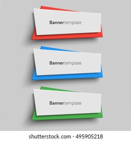 Vector banner design templates, three colorful banners. Colors for flat styled design. Set of banner elements for web design. Origami shape. 