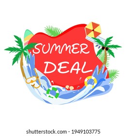 Vector - Banner design with text "Summer Deal", colorful of beach, sunglasses, palm, sea, surfboard. Special price for end of season, Sale. Can be use for advertising, brochure, marketing. 