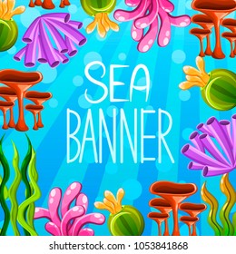 Vector banner design with underwater flora.Text isolated in center. Concept with aea plants and aquatic marine algae, seawed and corals. Underwater sea life.