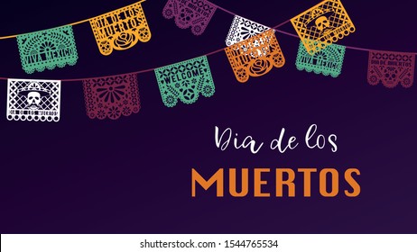 Vektorillustration Banner für Dia de los Muertos.  Farbige Papel-Picado-Papiergärten, mexikanische traditionelle dekorative Elemente.