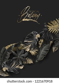 Vector banner with diagonal black and gold tropical leaves on dark background. Luxury exotic botanical design for cosmetics, spa, perfume, aroma, beauty salon. Best as wedding invitation card