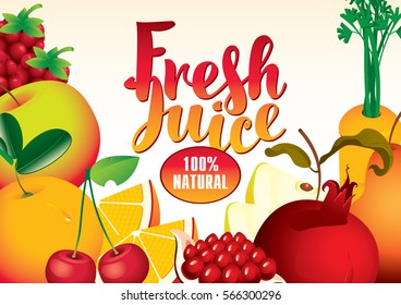 vector banner with different fruits and berries, and fresh juices inscription