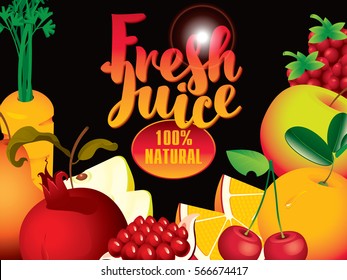 vector banner with different fruits and berries, and fresh juices inscription