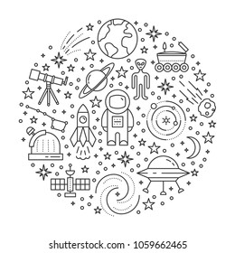 Vector banner with different space objects - solar system, alien, cosmonaut, made in a shape of circle
