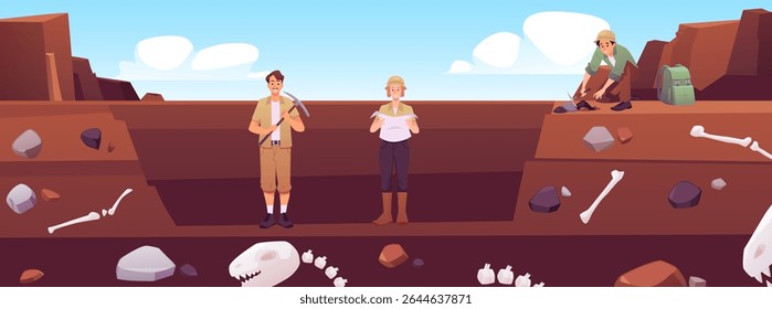 Vector banner of dinosaur bones archaeological excavation with characters. Paleontology, geology, exploration theme. Scientists dig fossils in soil. Flat illustration.