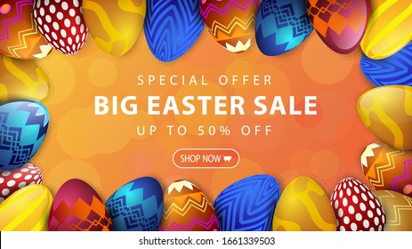 vector banner discount up to 50% for Easter with bright and colored festive eggs of red blue yellow on a yellow background with highlights