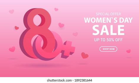Vector banner discount for March 8 with 3D effect. International Women's Day. 3D number that intertwines with a female sign and hearts. Can be used in brochures, postcards. Sale background.
