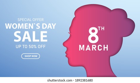 Vector banner discount for March 8. International Women's Day. Paper-cut girl's head on which a 8th March inscription is written. Can be used in brochures, postcards. Sale background.