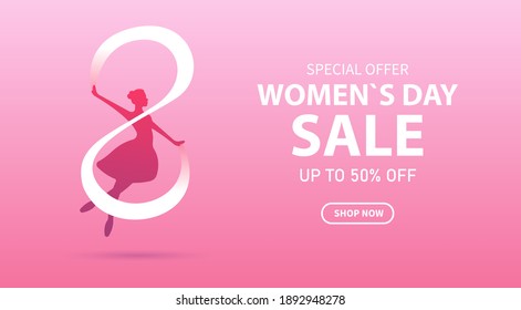 Vector banner discount for March 8 with 3D effect. International Women's Day. 3D number that intertwines with a female sign and hearts. Can be used in brochures, postcards. Sale background.