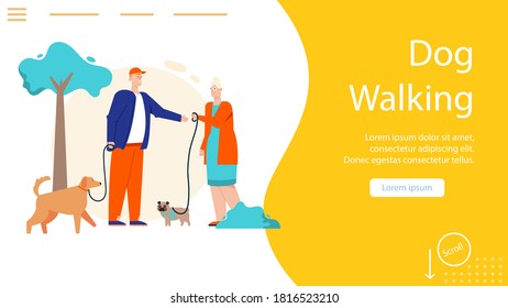 Vector banner of dog walking concept. Guy walking dogs in city park. Woman gives doggy leash to man working at pet sitting service. Character illustration of people cares animal, vet clinic, shelter