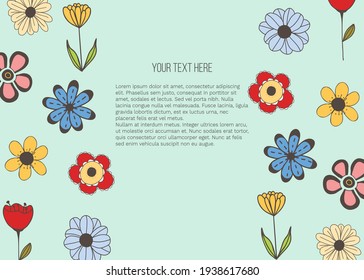 Banner vectorial con flores estilo doodle y lugar para tu texto sobre fondo verde. Plantilla para sitio, afiche, banner web y publicitario, tarjeta de bienvenida o invitación, volante, correo, paquete, portada
