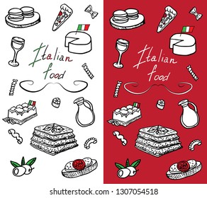 Vector banner Doodle style Italian cuisine. Illustration of bruschetta, pizza, olives, cheese, lasagna, pasta, tiramisu on isolated white background and red .