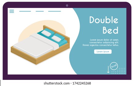 Banner vectorial de cama doble en vista isométrica. Cama de confort para parejas, almohadas, manta en el concepto de habitación. Ilustración del mobiliario para el diseño moderno de interiores. Diseño de plantillas de banner, página de inicio