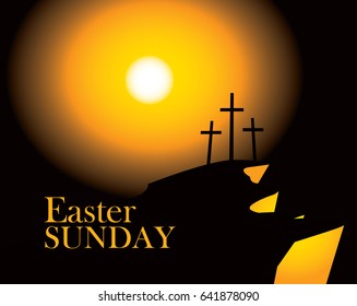 vector banner for easter with Calvary and three crosses against sunset with words Easter sunday